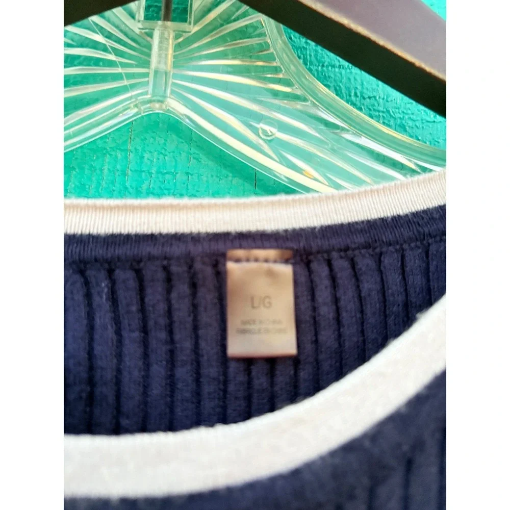 Striped Ribbed Knit Long Sleeve Top Nautical Button‎ Detail Navy White L